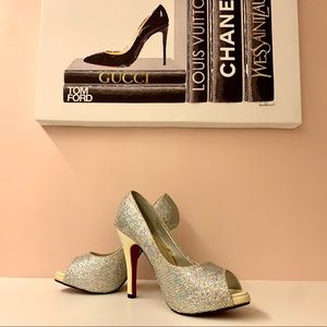 Shining Glitter Platform Open Toe Heels, Red bottom, Size 6, Good for Party